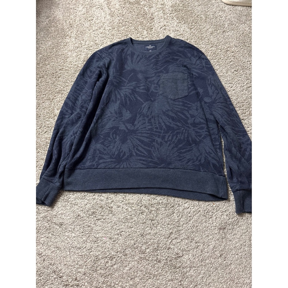 American Eagle Mens Navy Blue Tropical Palm Print Pocket Sweatshirt Size L
